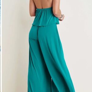 VENUS Strapless Wide-Leg Jumpsuit in Teal Green